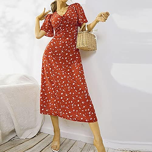 Женски обичен летен фустан со летен фустан со кратки ракави полови долги фустан Боемски цветен принт тенок фустан од миди забава