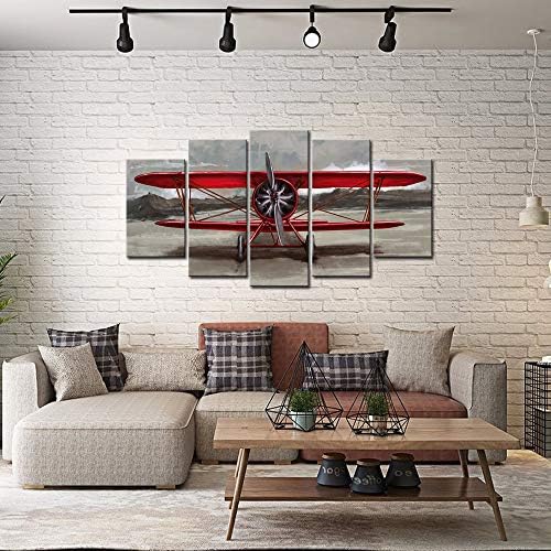 sechars големи 5 парчиња платно wallидна уметност гроздобер црвен авион сликарство авијација слика на платно ретро авиони постер