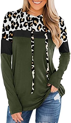 Обични џемпери на Hoksml за жени леопард во боја на крпеница на вратот со долги ракави средна и долги дуксери мека туника
