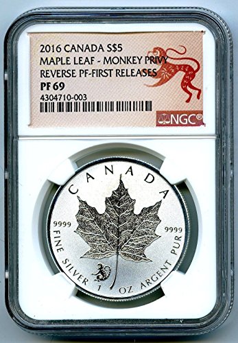 Канада Монета Сребрен Јаворов Лист Обратен Доказ Мајмун Приватен ПРВ ИЗДАНИЈА 5 5 PF69 NGC