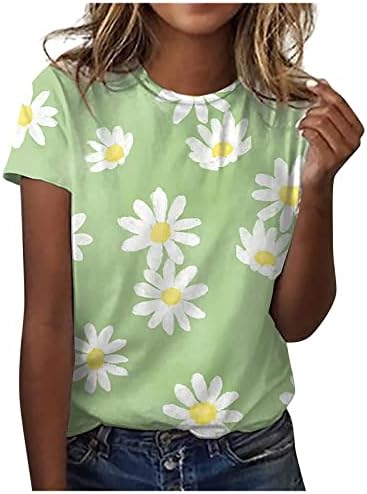 Графичка маица за печатење на сончоглед, за жени со кратки ракави, врвови на гроздобер лето лесна лабава фитнес блуза