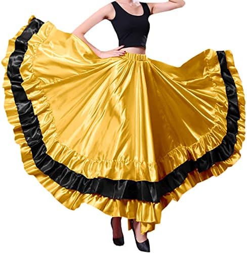 Womenените црни црвени слоеви сатен долго здолниште за шпански фламенко стомак танц Циган Мексико балет фолклорико перформанси костум