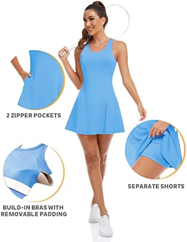 Тениски фустани на Хиверлеј за жени атлетски фустан со внатрешни шорцеви 2 поштенски џебови за вежбање вежбање, сина, медиум