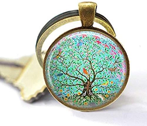 Дрво со loveубовни птици Шарм клуч за приврзок ， Исклучителен накит, купол чаша накит