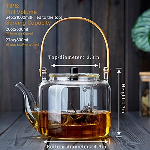 Нераскинлив стаклен чајник, 1000мл/33oz Боросиликатен чајник со отстранлив инфузер, котел за безбеден чај, цветање и лабав производител на чај