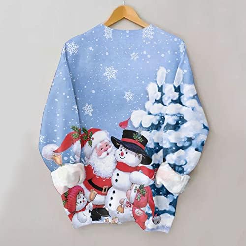 Christmasенски Божиќ печати со долги ракави џемпери екипаж на вратот, џемпер со дуксери за џемпери, женска мода