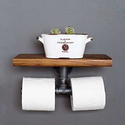 Yuanflq Индустриска ретро вода цевка хартија држач за тоалетна хартија со дрвени полици за складирање, монтиран железен метал тоалетно ткиво, држач