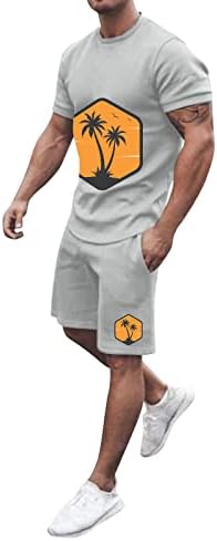Менски кратки комплети 2 парчиња облека плажа, кошула краток ракав и обични шорцеви на плажа Атлетски потти за мажи