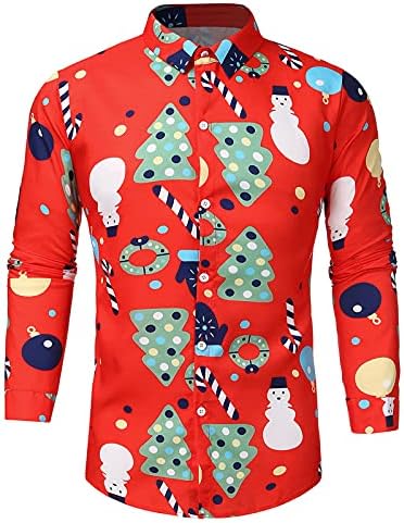 Божиќни кошули XZHDD за мажи, копче со долг ракав надолу во Божиќ ирваси дрво Снежен човек за печатење Бизнис Обични кошули врвови Помпом