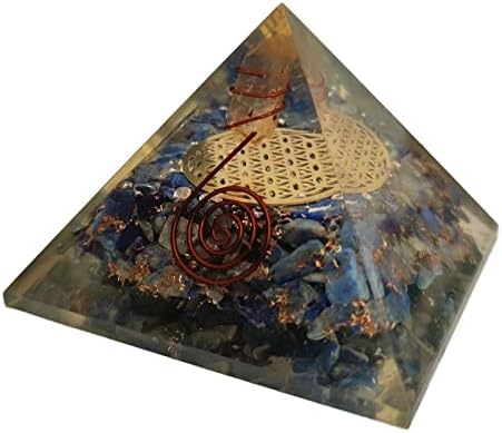 Sharvgun orgonite Pyramid Lapis lazuli Gemstone Flower of Life Orgone Pyramid Негативна заштита на енергија 65-70 mm, Etra голема пирамида со 4 кристали за заздравување, балансирање на чакра, подарок за Реи