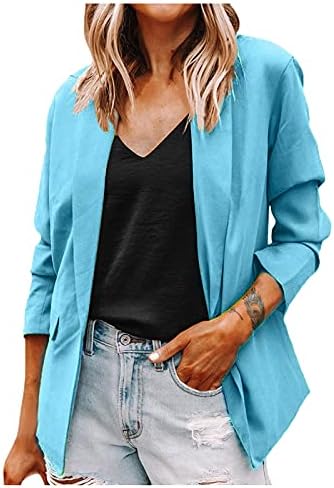 Официјални јакни за блејзер за жени со цврста лапава тенка костум со долг ракав Отворен фронт кардиган плус големина на канцеларија за работа со џеб