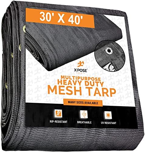 Xpose Безбедност Тешка мрежа TARP - 30 'x 40' Повеќенаменска црна заштитна обвивка со проток на воздух - Употреба за падови за вратоврска, сенка,