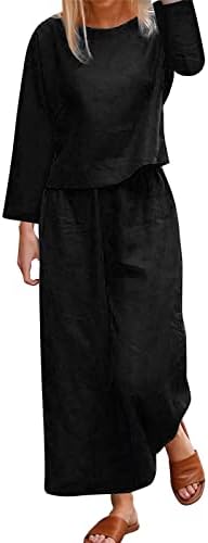Todozo жени памучни постелнини костум мода удобен краток ракав и долги панталони цврста боја формална долга наметка