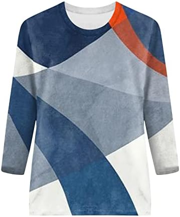 Плус големина на врвови за жени летни геометриски блузи за печатење 3/4 ракав екипаж во боја блок маица обичен лабав пуловер