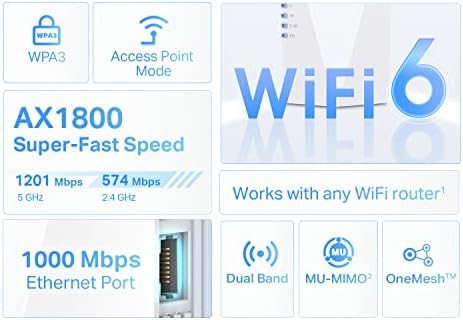 TP-Link AX1800 WiFi 6 Extender Internet Booster, опфаќа до 1500 квадратни уреди и 30 уреди, повторувач на засилувач на безжичен