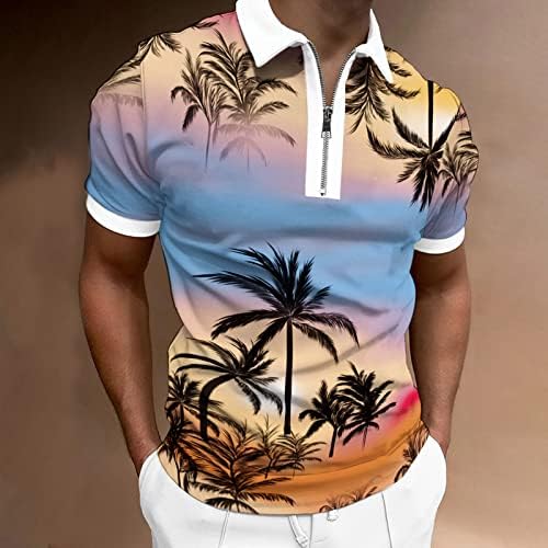 Ubst 2022 Нови кошули со машка поло, летни кратки ракави патент вратот врвови, обични хавајски тропски принт Хенли голф маици за голф