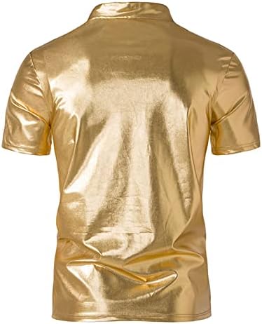 Менс сјајни маички со искри маици хипстер металик краток ракав Полос кошула 70-ти диско-ноќен клуб забавен маици маици врвови