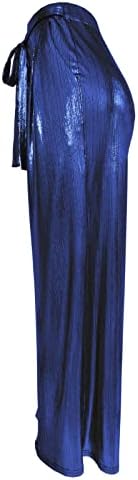 Фелегд женски сјајни пантацо панталони цврста боја чипка на висока половината плетени обични лабави атлетски јога панталони со џеб