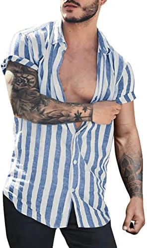 Шарени кошули со памучни постелнина за мажите со преголеми маички со вратот, лабави летни летни кошули со кратки ракави со