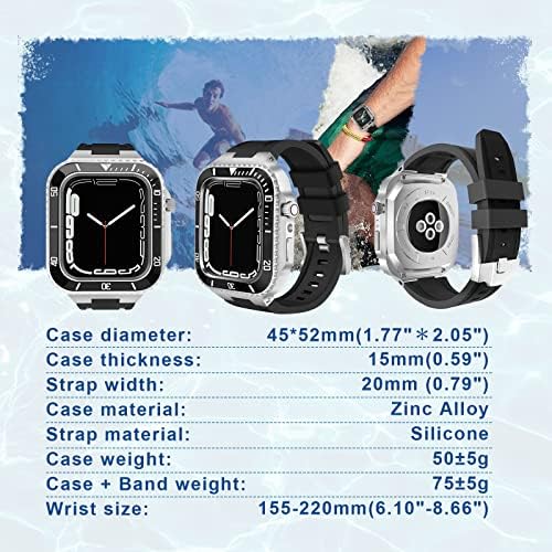 Комплет Azanu Mod For Apple Watch 8 7 6 5 4 3 SE метална Bezel & Rubber Watchband не'рѓосувачки челик куќиште за iWatch Series Band 7 45mm