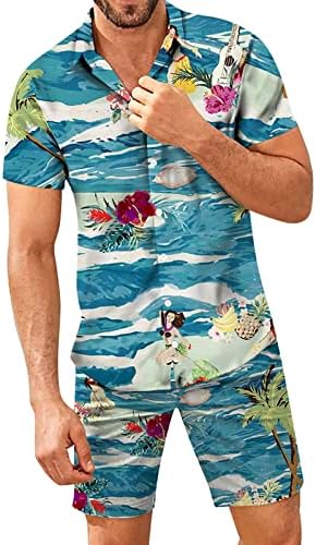 2 парчиња облека Облеки за мажи плус големина тропска хавајска кошула и кратки комплети 3Д печатени празнични мускулни маици костуми