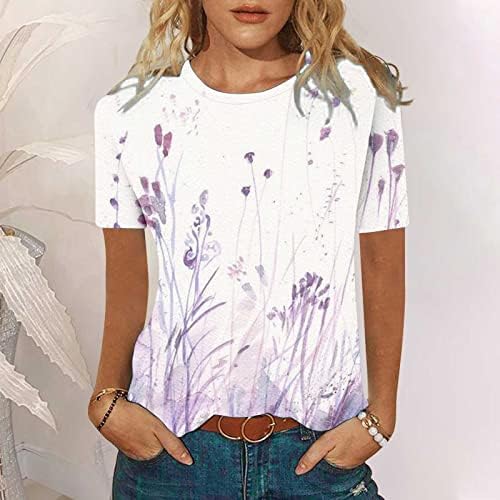 Девојки маички со кратки ракави врвови кошули екипаж Спандекс мастило сликарство цветна графичка есен летна маичка 2023 облека Ц2