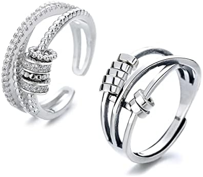 Erlosya 2PCS Fidget Band со монистра вртења прстени за жени, анти -вознемиреност прстен од не'рѓосувачки челик прстен експлозија на песок.