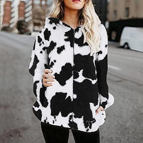 Женски обичен патент за печатење со крави со долги ракави плус густа качулка кадифен палто пулвер отворен предниот плетен матични јакна