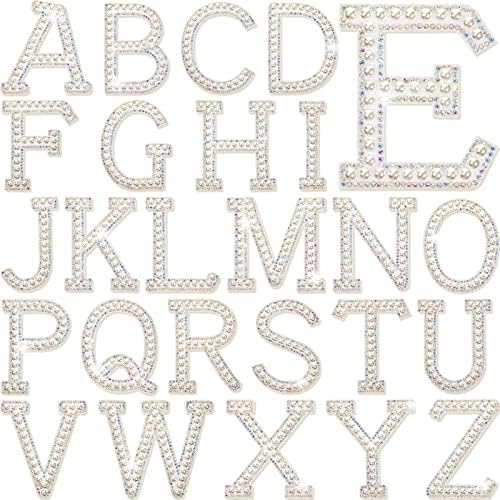 26 парче бисерно железо на буква А-З Бела ринстон бисер, буква, лепенка, сјај за шиење на азбука Апликација на ринестон бисер Англиско