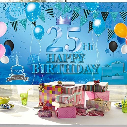 Среќен 25 -ти роденден Банер Сина 25 -та постер за знаци 25 за роденденски партии за годишнината Фото штанд Фотографија Позадина роденденски украси за забава, 72,8 x 43,3 ин