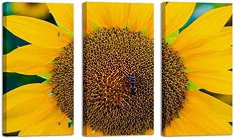 Wallидна уметност за дневна соба, маслено сликарство на платно големо врамена пчела што лебди на уметнички дела од сончоглед за декор