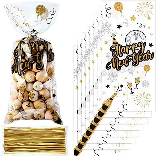 100 Парчиња Среќна Нова Година Целофан Третираат Кеси, Црна И Златна Новогодишна Забава Пластични Бонбони Кеси Добрите Фаворизираат Чанти