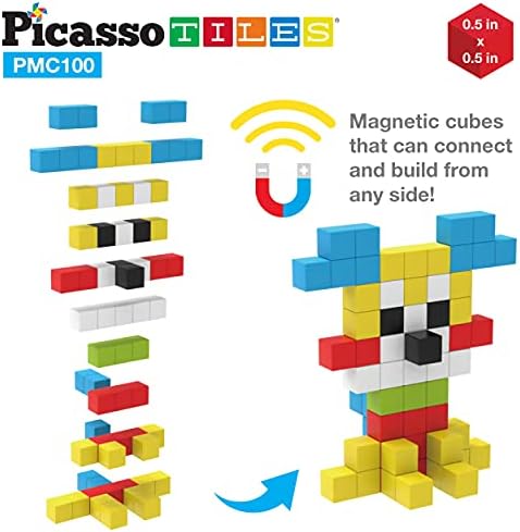 Picassotiles магнетна загатка Cube Mini + црно -бело + 102PCS, 0,5 ”1 пиксели 100 парчиња мешавина и совпаѓање на коцки сензорни играчки, бесплатна