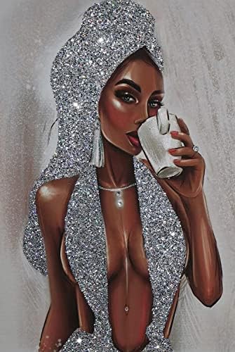 Афроамериканец Црна жена сребрена сјај текстурална HD платно wallидна уметност постер, постер -женски wallиден декор мода женско платно платно