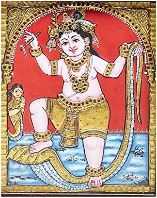 Егзотична Индија 11 x 13 Господ Кришна танцува на змија Калија Танјоре сликање | Традиционални бои со 24к злато