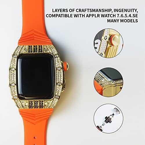 Блинг часовник случај и бенд За Apple Watch 45mm серија, металниот случај со кристал е поврзан со рационализиран силиконски ремен