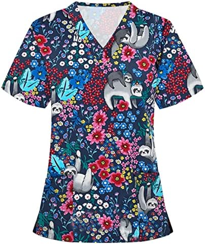 Обични кошули за жени, женски животински печати врвови со кратки ракави летни врвни екипаж со симпатична работа униформа со џебови