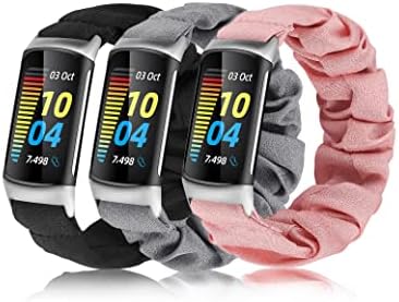 Wearlizer 3 пакувања Scrunchie Band компатибилен со Fitbit Charge 5 бендови за жени девојки, еластична мека ткаенина лента затегната симпатична