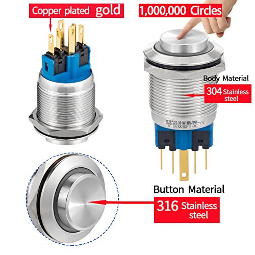 UL овластен 2PCS 22 mm Push Switch Switch Latching High Round Worned IP67 на Off Driangest Steel 304 со 110V 120V LED за 7/8 со жица