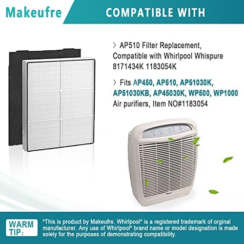 Замена на филтерот Makeufre AP510 HEPA, компатибилен со Whirlpool Whispure 8171434K 1183054K Fit AP450, AP510, AP51030K, AP51030KB,