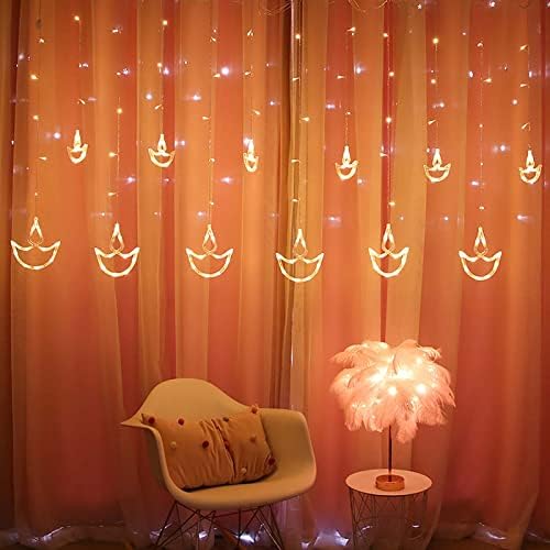 Светла за завеси на Elodiau Diwali, 12 светла на DIYA и 138 LED светла, среќни украси во форма на пламен во форма на пламен со 8 режими на осветлување, за декор за забава со wallидни п