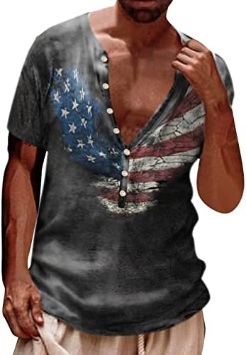 XXBR Менс патриотски Хенли кошули Ретро потресено американско копче за печатење на знаме V вратот лето кратка ракав кошула со лесна