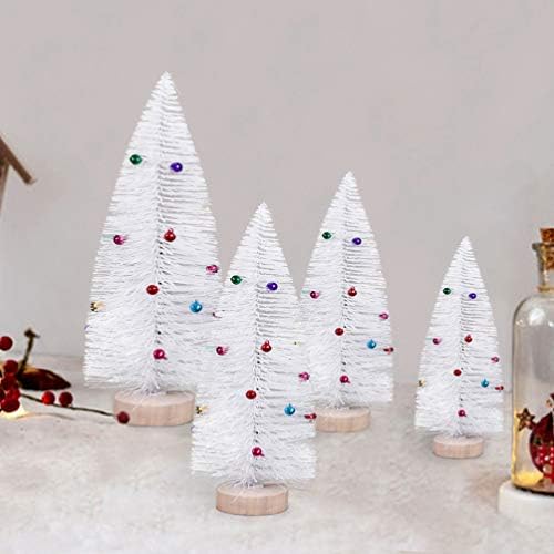 Амосфун 2 парчиња 20 см минијатурна бела новогодишна елка Мала вештачки минијатури сисал снег мраз дрвја со дрвен штанд и украс