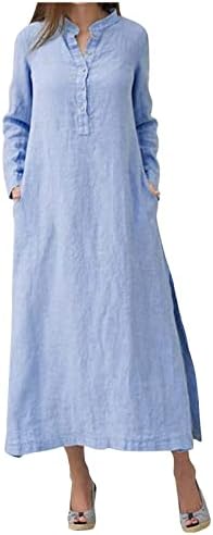 Обичен макси долги фустан женски памук памук со долг ракав Касаул преголем фустан