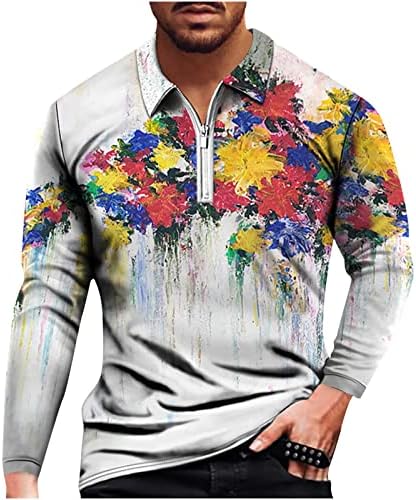 Трендовски Кошули ЗА Мажи 3д Дигитално Печатење Ревер Јака Половина Патент Пуловер Со Долги Ракави Блуза Удобни Разноврсни Врвови
