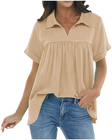 Летни кошули за жени 2023 Тренди Лапел против вратот Кратки ракави блузи цврсти плетени врвови, обични лабави вклопувачки маици