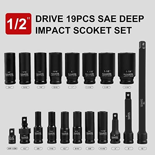 Meiwaltee 1/2 Drive Deep Master Socket Impact Socket, 19PCS SAE 3/8 до 1-1/4-инчен асортиман на приклучоци вклучуваат 3 '' 5 '' 10