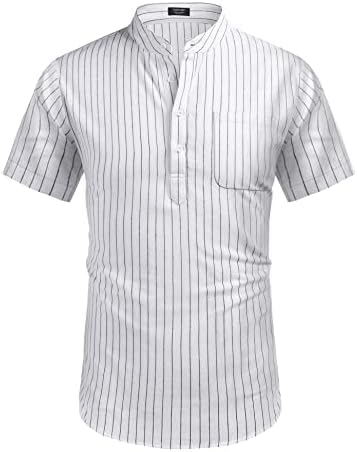 Коофанди машка памучна постелнина Хенли кошула со кратки ракави хипи -обични маици со плажа со џеб