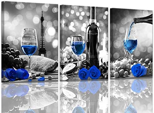 Вино декор кујнски платно уметност сино вино розово уметничко дело за домашни wallsидови црно -бело со сино вино сликање печатена роза уметност трпезарија декор сина