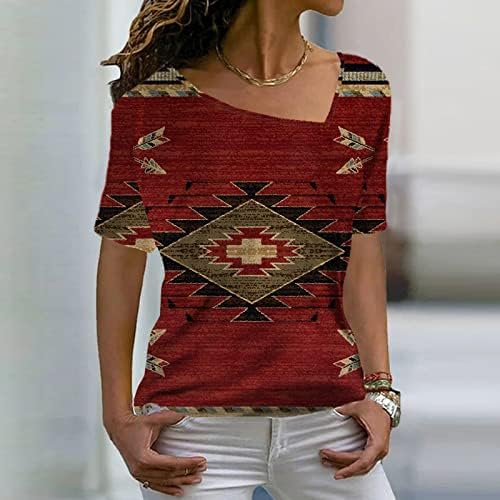 Женски геометриски маички за печатење во боја на вратот со кратки ракави на вратот на врвовите на летни летни маички туники блузи